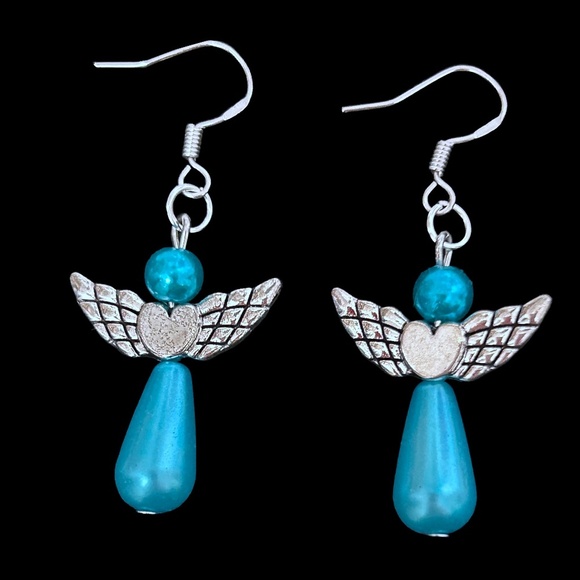 Hand Crafted Drop Earrings 3-D Articulating Angel Blue Pearl Silver Plate Wires - Picture 4 of 6